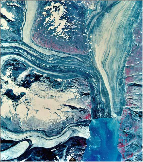 Aerial photograph of Glacier Bay at confluence of Marjorie and Grand Pacific Glaciers